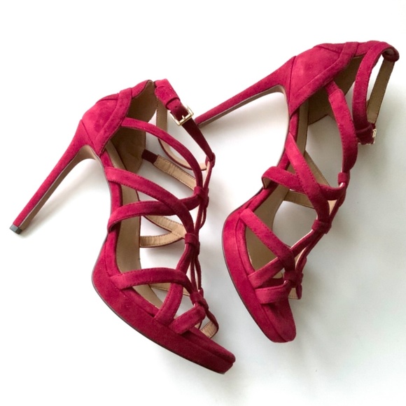 Michael Kors Sandra Silhouette Platforms Red Burgundy Suede Leather Sandals Heel - Picture 10 of 12